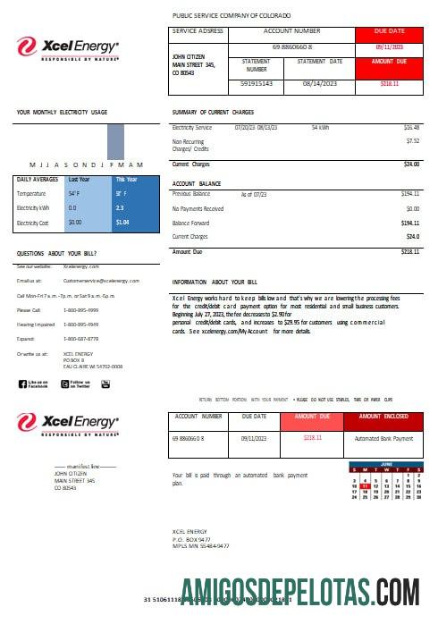 Formatos Word e PDF da fatura de serviços públicos XcelEnergy dos EUA baixar para verificação